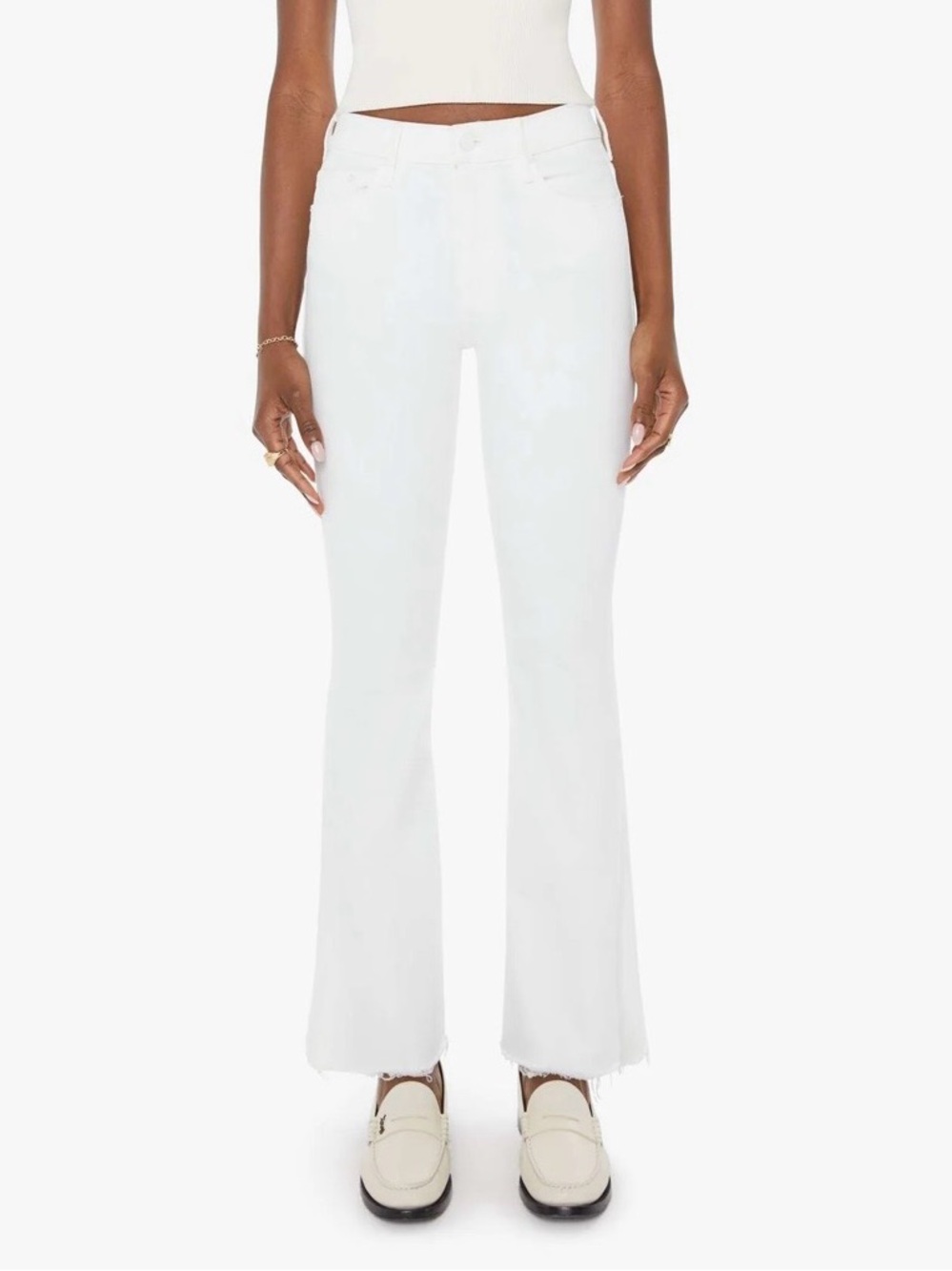 MOTHER The Weekender Fray White Mid Rise Flare Jeans Fairest Of Them All Size 28 - Picture 2 of 12